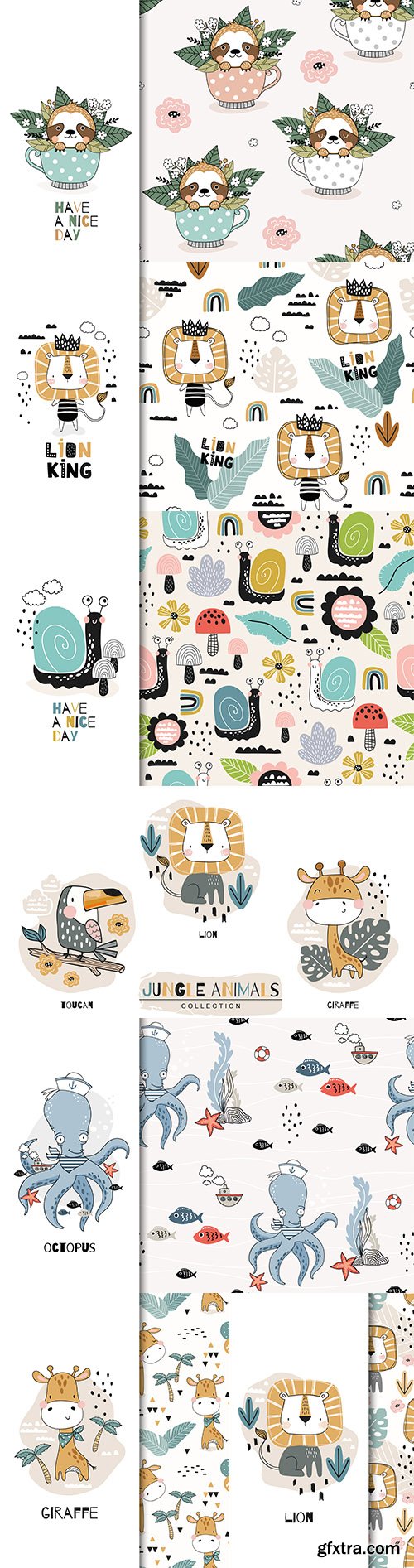 Cartoon cute animal characters seamless design illustration
