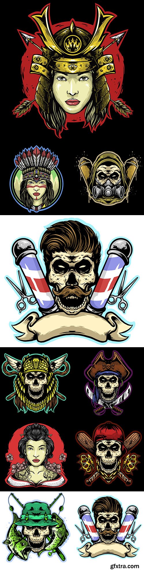 Skull with blade and Indian girl logo mascot design 
