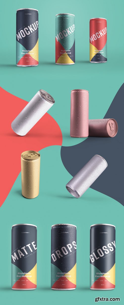 6 Aluminum Cans with Water Drops Mockup 338905731