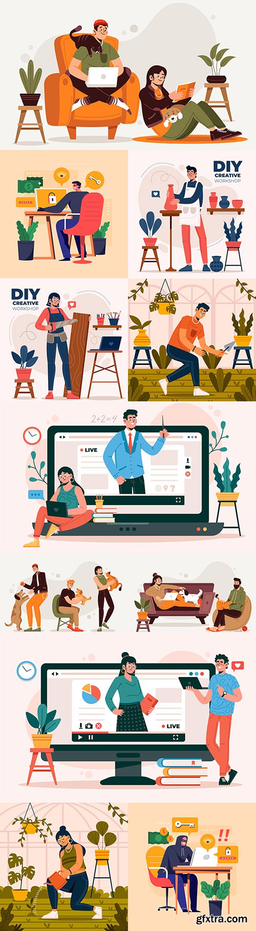 Online courses, gardening, people with pet illustrations
