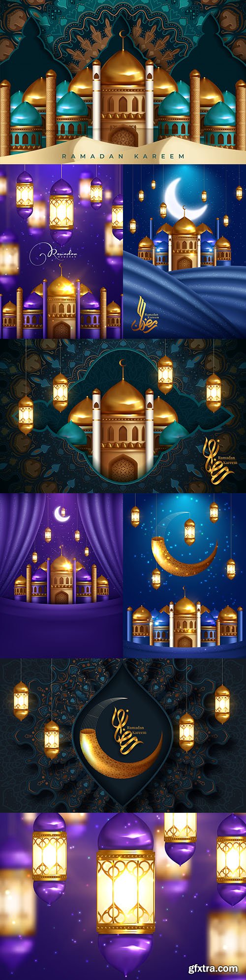 Ramadan Kareem greeting mosque and painted calligraphic illustration
