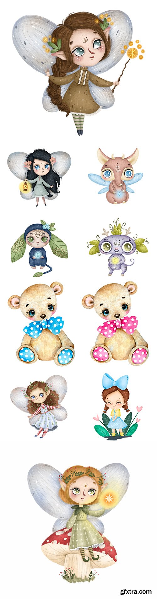 Cute little forest fairy with magic wand and funny characters
