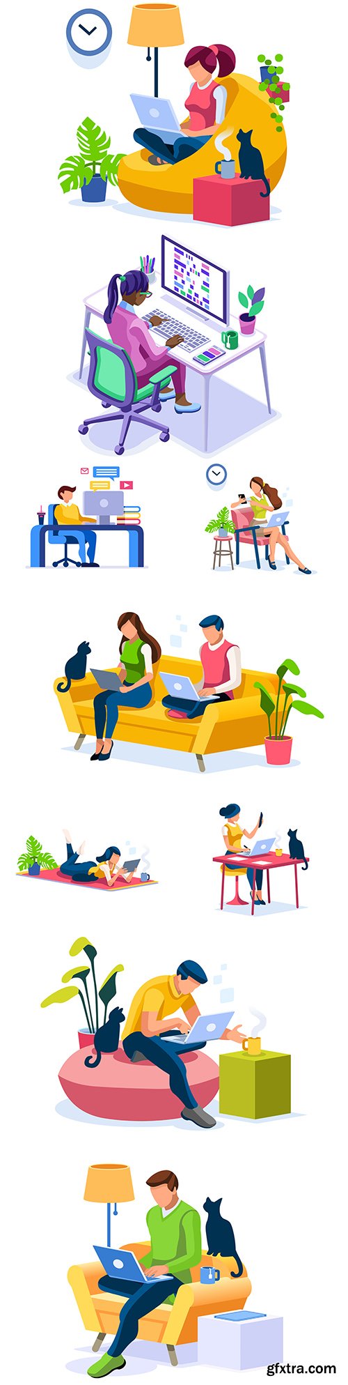 Stay at home people work at home design isometric illustrations
