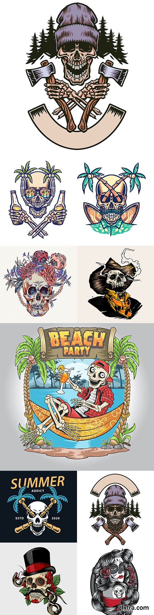 Grange skull with flowers and weapons design emblems
