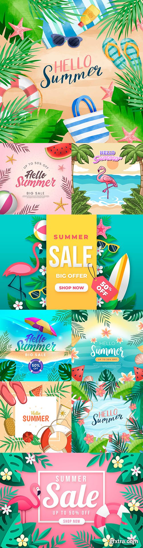 Hello summer seasonal sale design with tropical leaves
