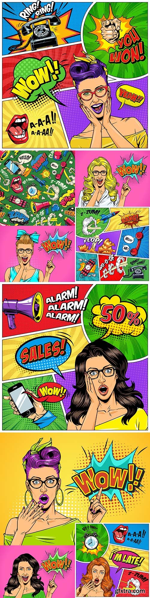 Comic bright strips with explosive half-tone rays and girl Pop art
