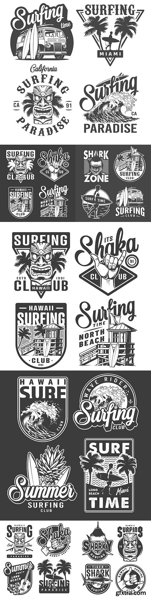 Monochrome vintage badges and surfing emblems
