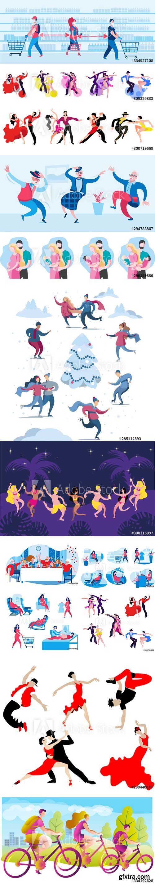 A set of images with people in life situations Vector illustration in flat style