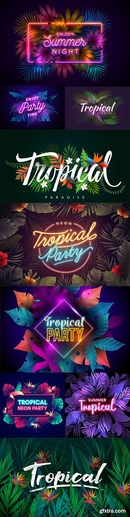 Tropical party neon inscription with leaves and flowers
