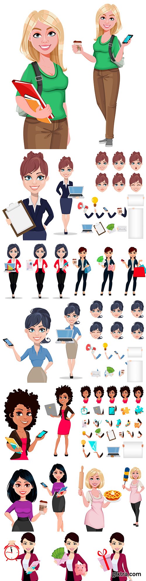 Young beautiful businesswoman character from cartoon and different items
