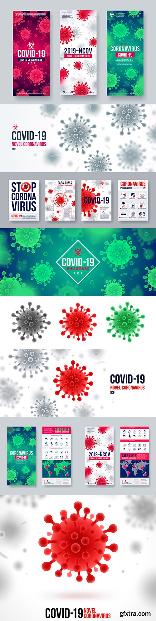 Coronavirus banner infographic elements and background with virus
