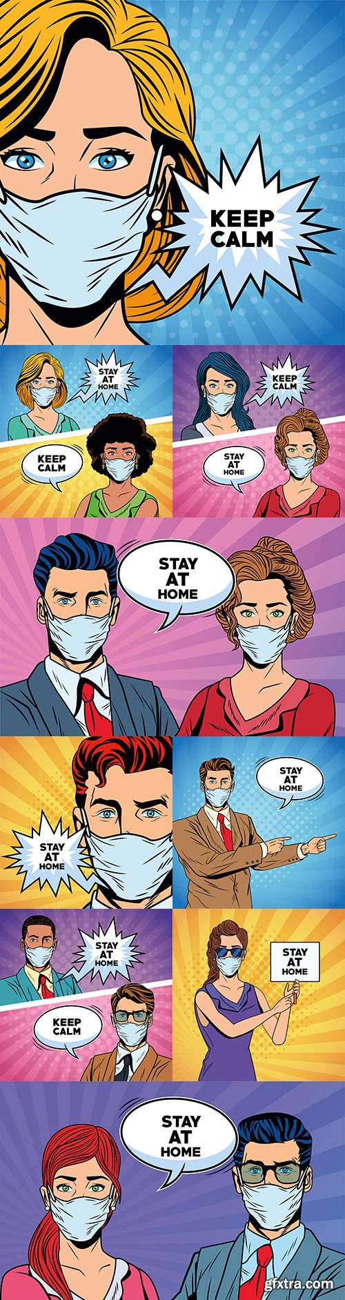 Business people masked covid19 saying message design pop art
