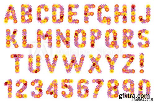 Set of letters and numbers of flowers