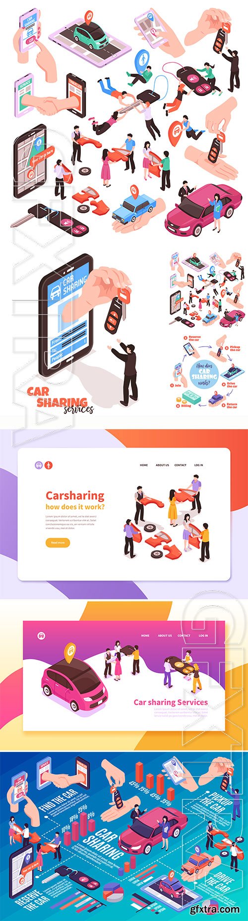 Isometric set of car sharing service elements vector illustration