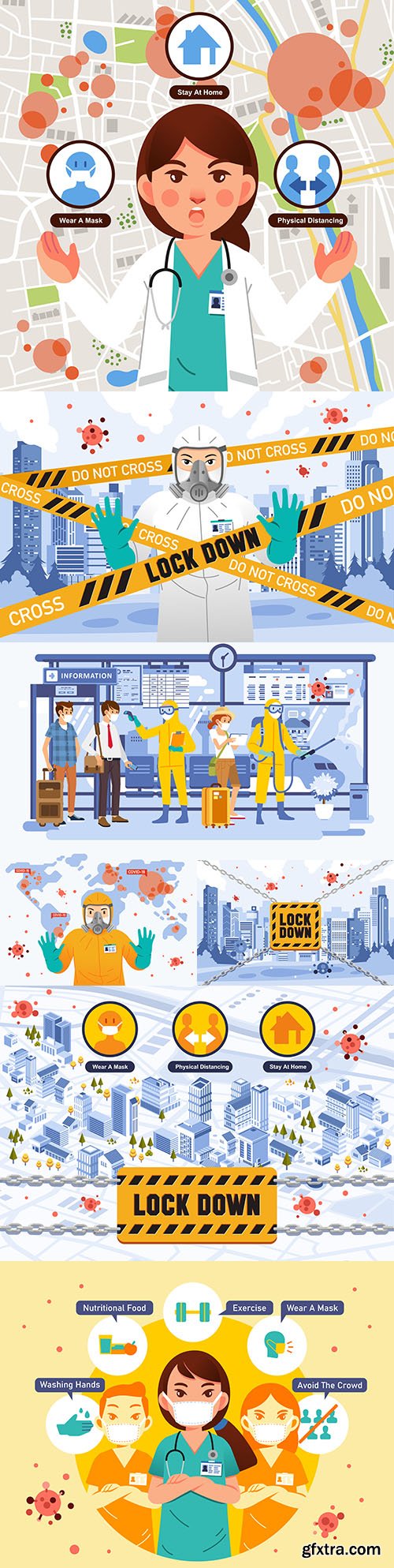 Health check and spraying disinfectant isometric posters with information
