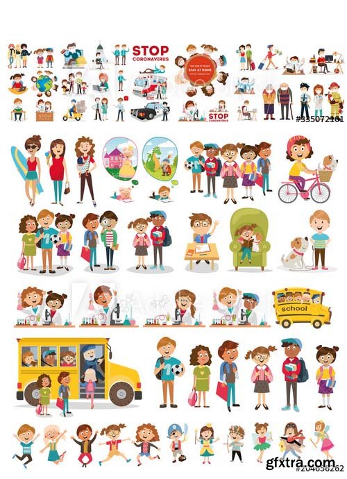 Stop Coronavirus and childrens characters Set