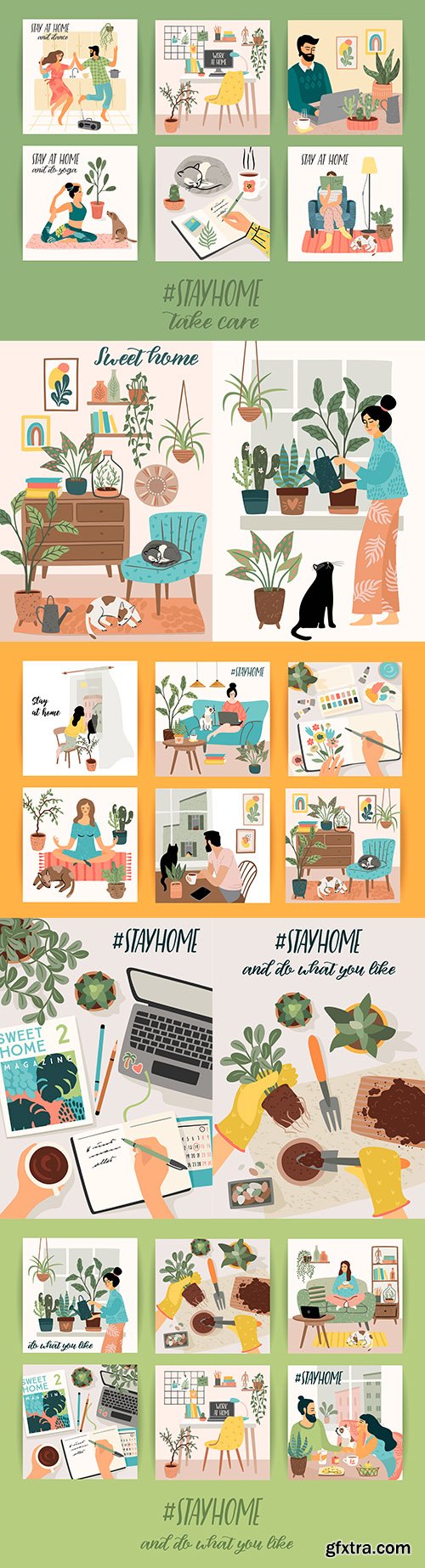Stay at home, cosy interior room flat design illustrations
Stay at home, cosy interior room flat design illustrations