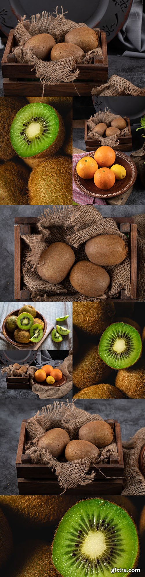 Kiwi and orange in drawer on sack and table Kiwi and orange in drawer on sack and table