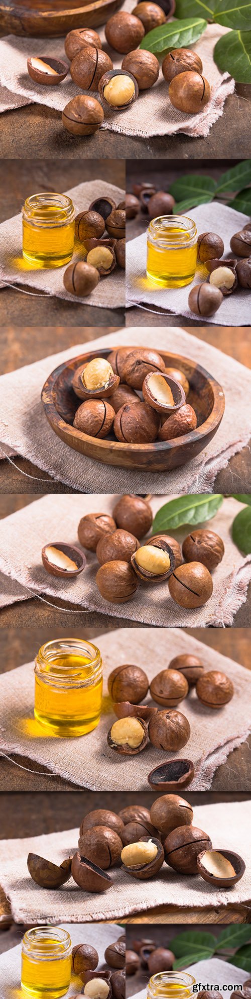 Aromatic oil and macadamia nut with leaves on sac
Aromatic oil and macadamia nut with leaves on sac