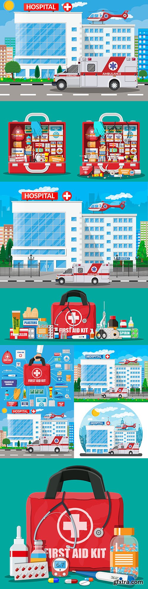 Hospital with ambulance and medical suitcase with tools
Hospital with ambulance and medical suitcase with tools