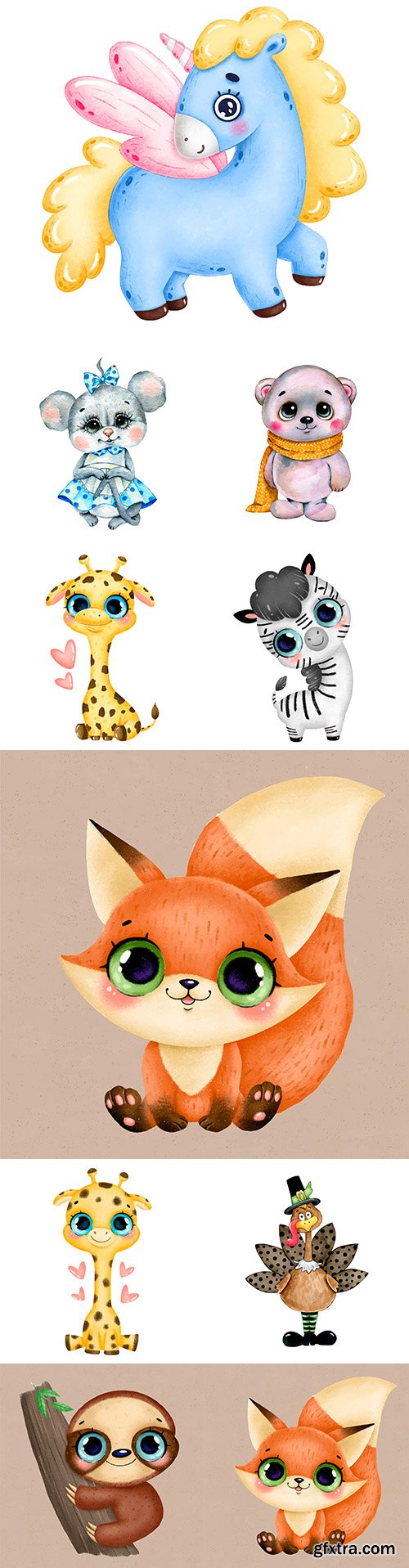 Watercolor illustrations cute cartoon animals with scarf
