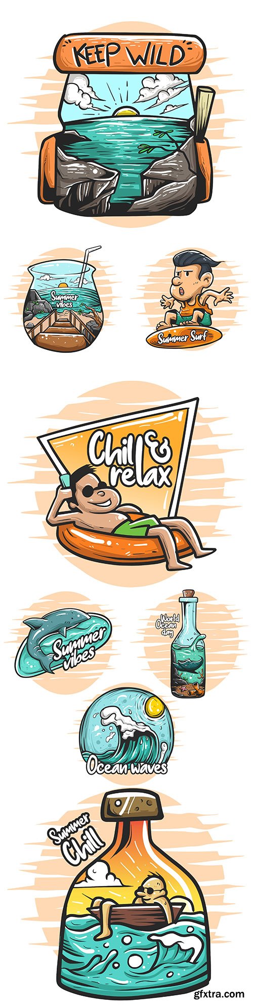 Summer holiday at sea comic painted illustrations
