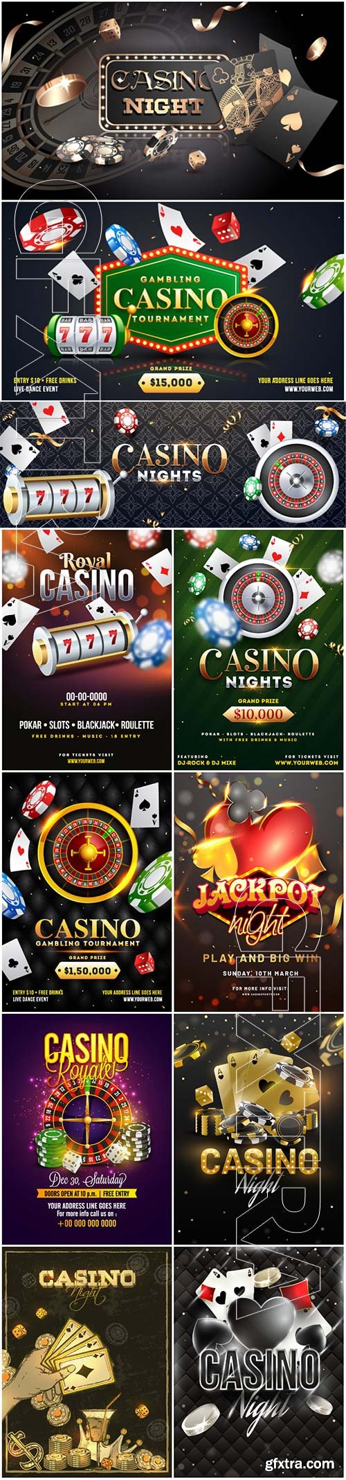 Advertising poster design, Casino Night text with casino chips, coins and playing cards illustration