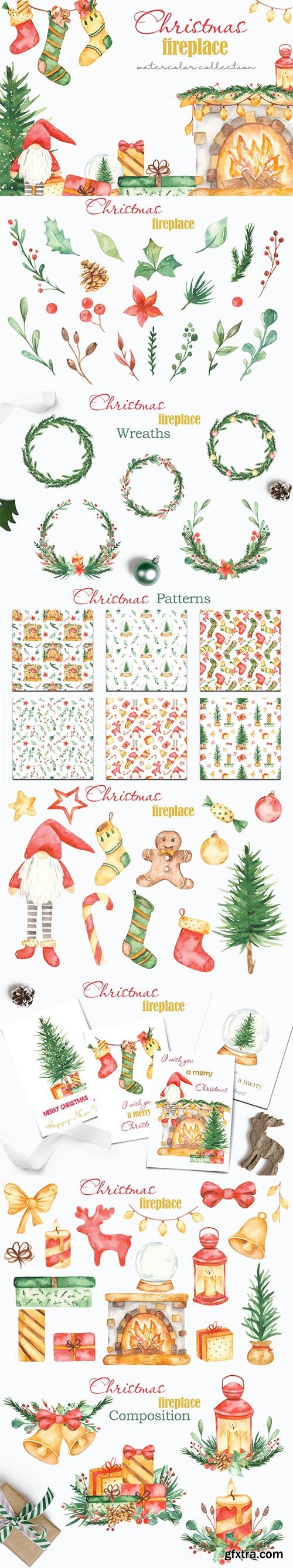 Watercolor Christmas fireplace