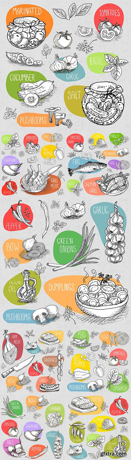 Drawn with chalk on board set of products and spices
