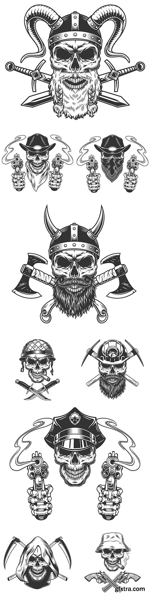 Vintage Viking skull in cowboy hat and gun scarf
