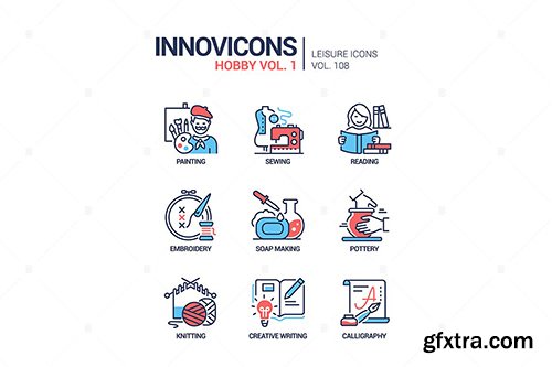 Hobby and activities - line design style icons set