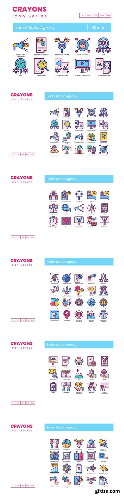 90 Social Media Agency Icons | Crayons Series