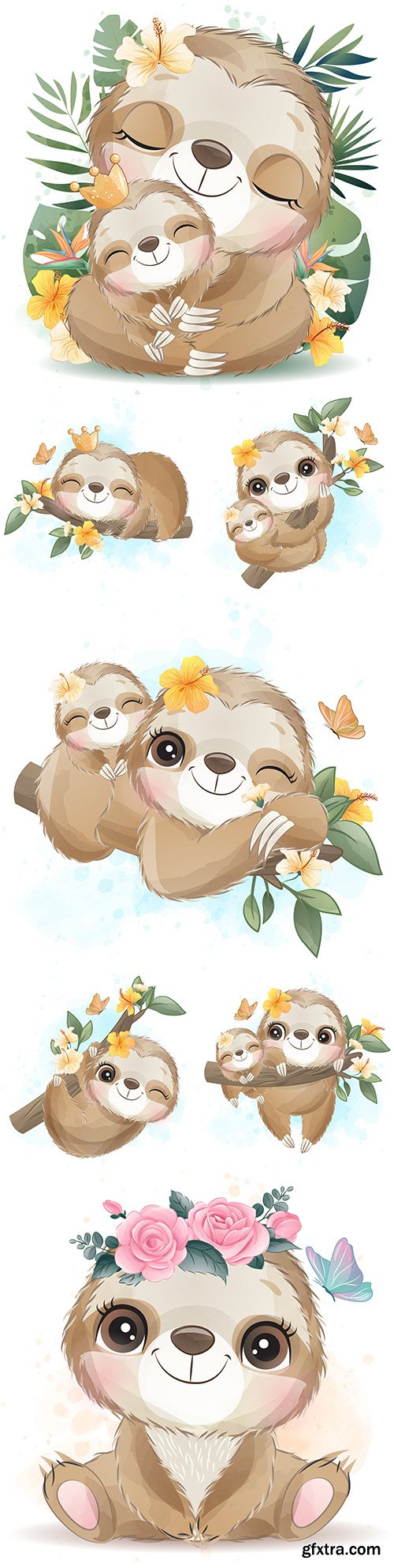 Cute Lazy Mother and Baby with Flowers Watercolor 7xEPS