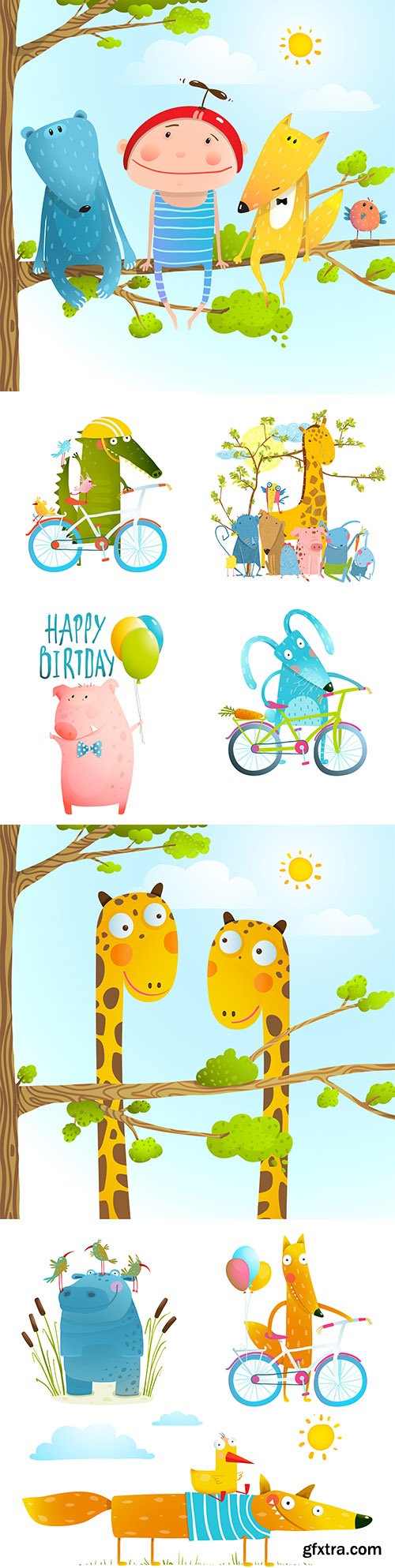 Cartoon funny animals and birds flat design painted
