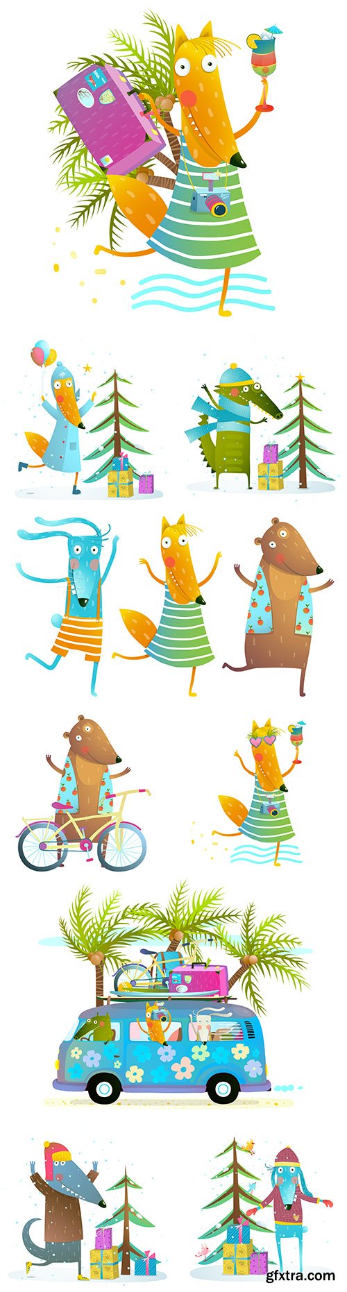 Cute animals in summer dance and daylight saving time play
