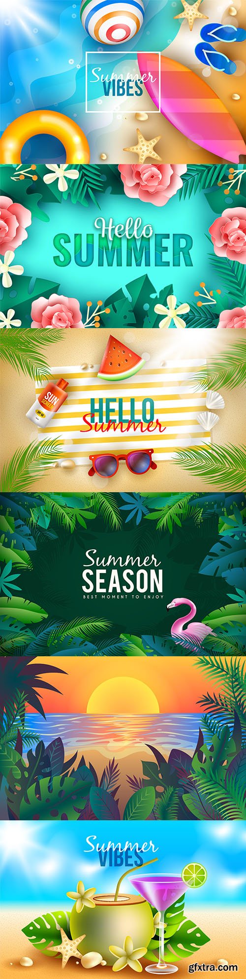Summer background with cocktail on beach and tropical leaves
