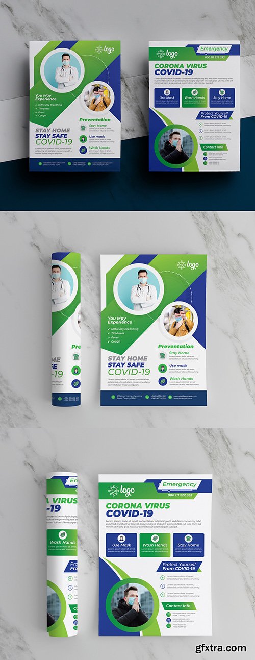 Coronavirus Awareness Flyer Layout Pack with Green and Blue Accents 348953316