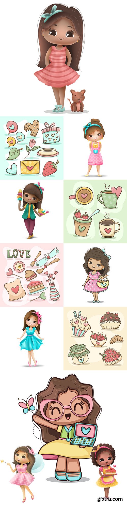 Cute girl and delicious sweets with drinks illustration
