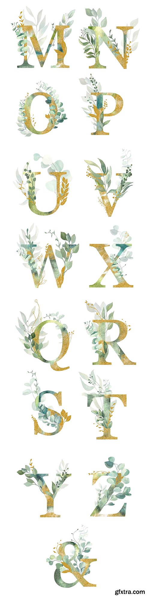 Gold letters with decorative leaves for design
