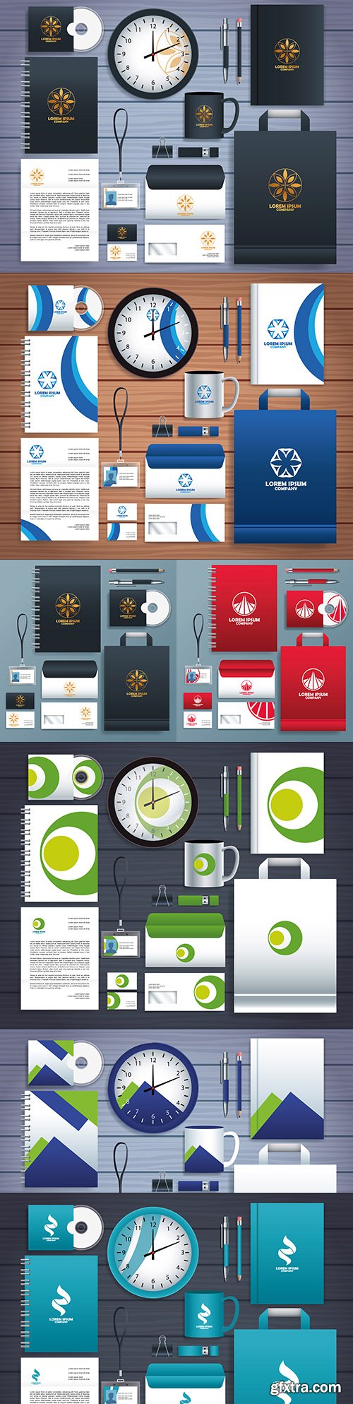 Stationary templates in different colors on wooden background
