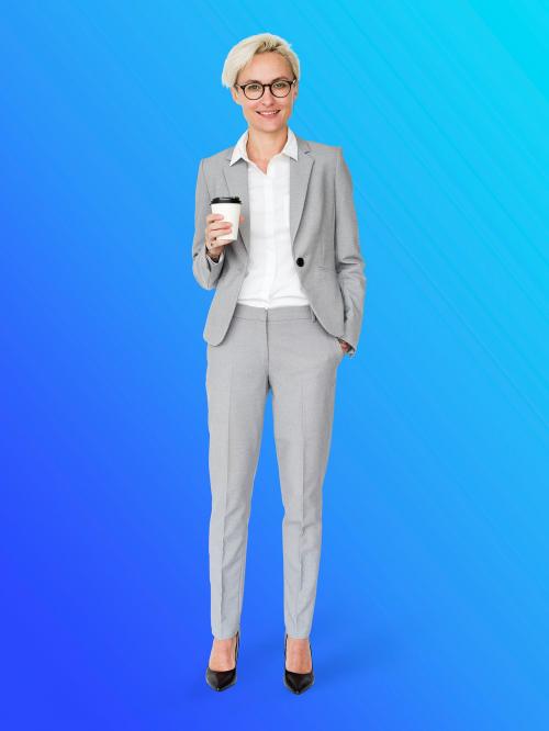 Cheerful businesswoman holding a coffee cup mockup character isolated on a blue background - 591464
