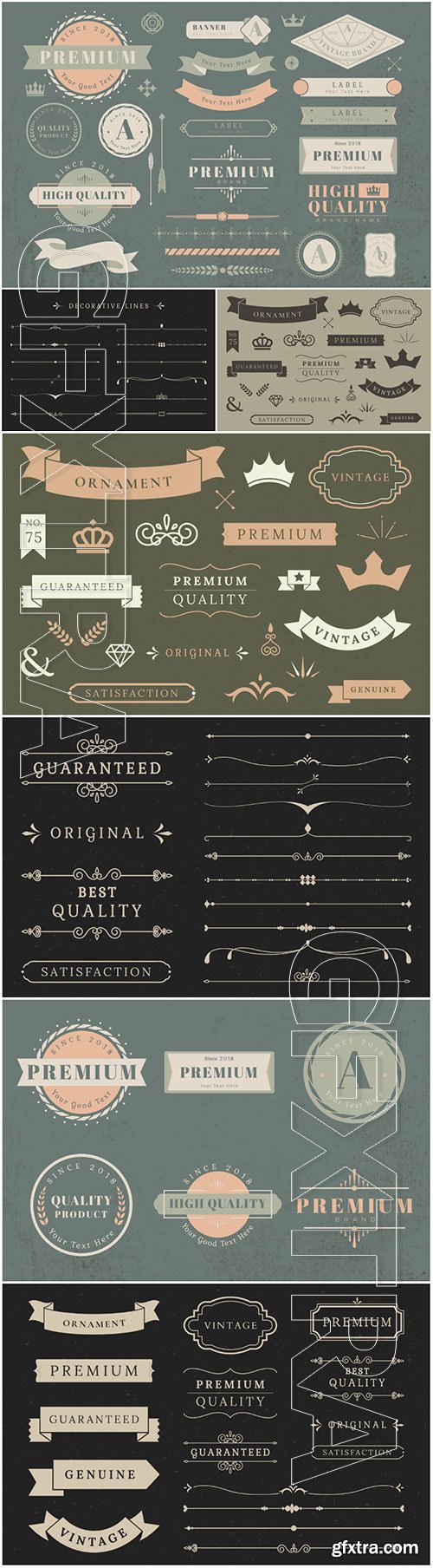 Vintage decorative elements in vector, borders, frames, corners, labels, emblems and ribbons