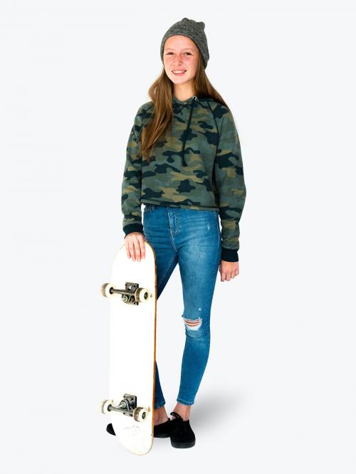 Cheerful girl with her skateboard character isolated on a white background - 591365