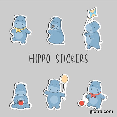 Cute cartoon hippo stickers