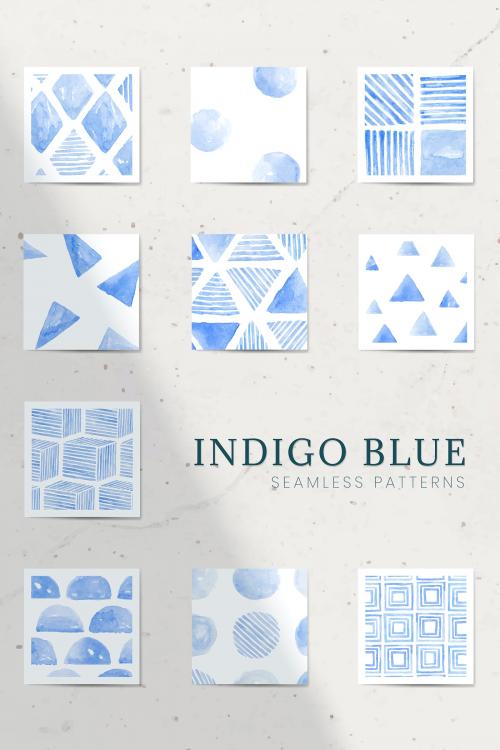 Indigo blue watercolor geometric seamless patterned background vector set - 1217591