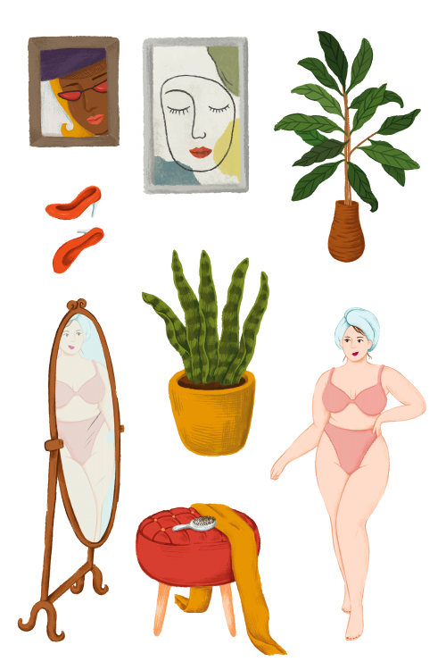 Daily routine life of a girl in lingerie after shower and home stuffs sticker - 2023348