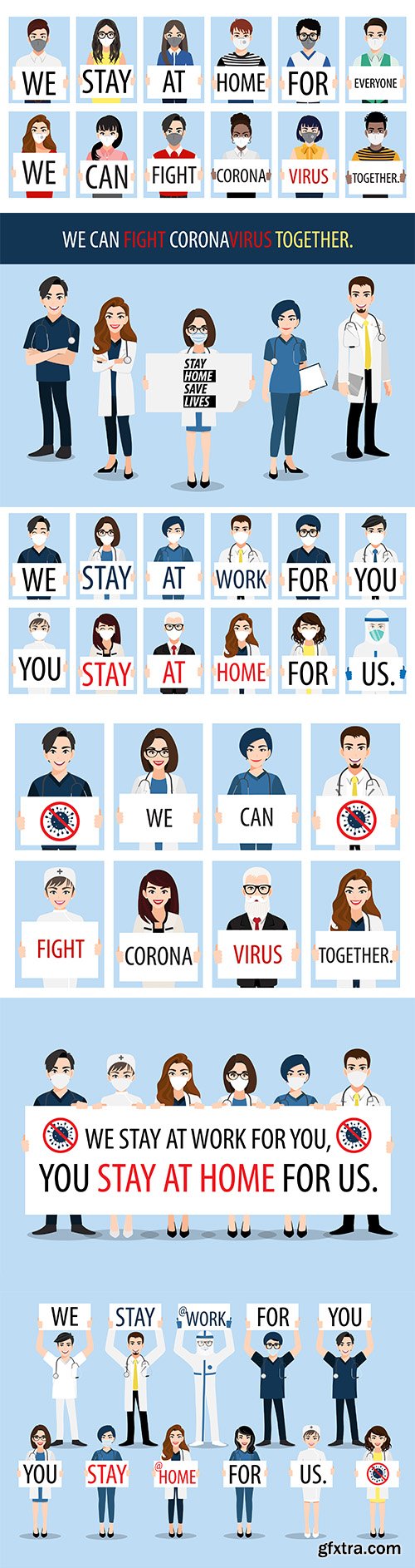 Cartoon character with doctors requesting people covid-19 by staying at home