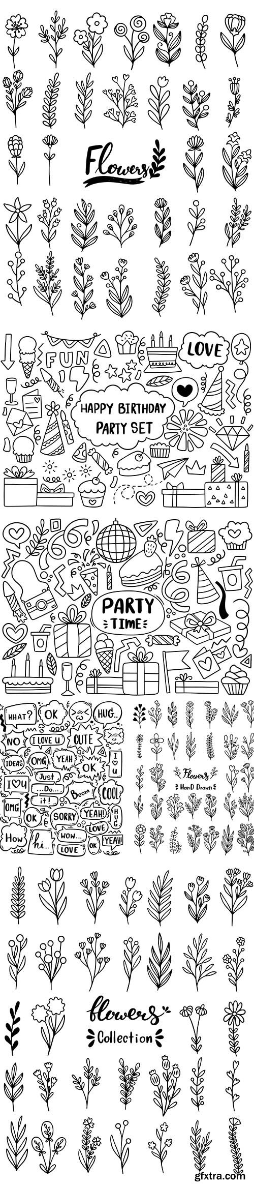 Hand drawn party doodle cute speech bubble eith text and flowers