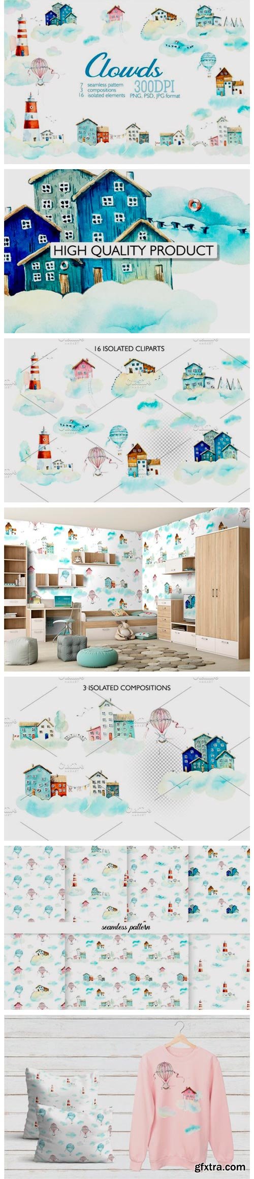 Watercolor Houses in Clouds 4230306