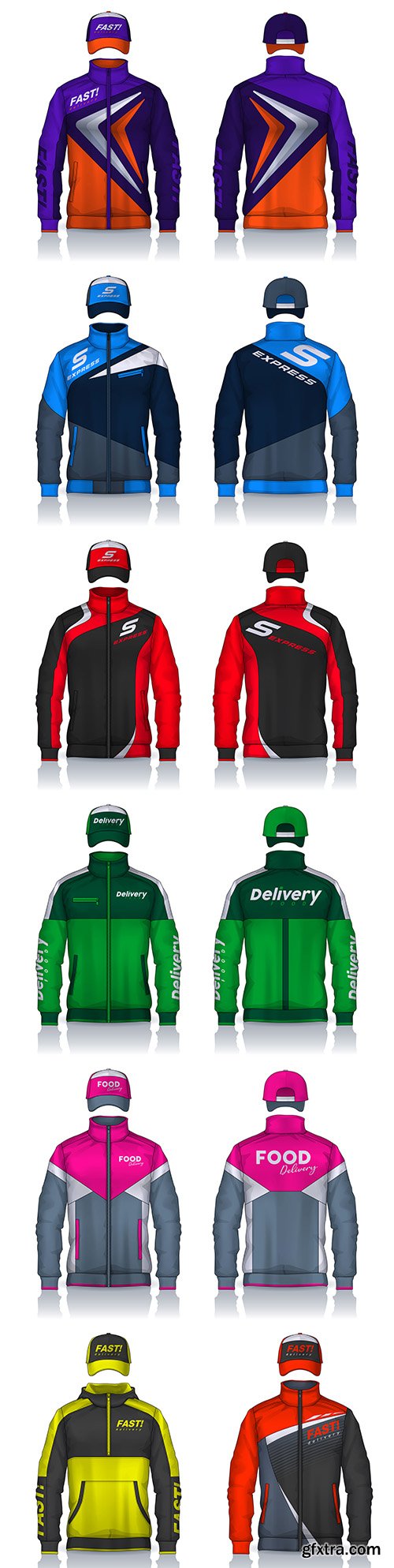 Uniform delivery design jackets, caps and shirts with inscriptions
